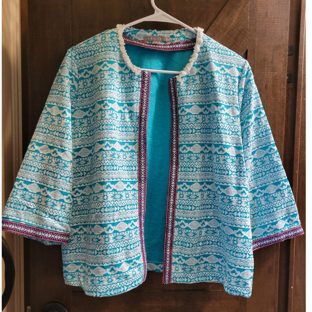 Valerie Stevens Teal White Tribal Print Open Front Kimono Jacket Embroidered L